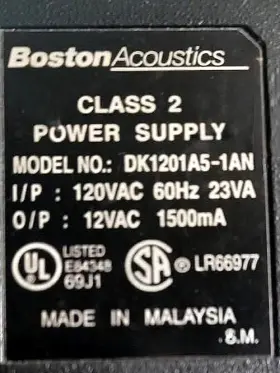 Dk1201a5-1an Boston Acoustics Dk120145-1an Class 2 Power Supply 120vac 60hz 23va 12vac 1500ma