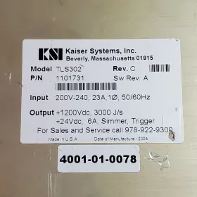 1101731 Kaiser Systems 1100966 Model Tls302 P/n Sw Rev. A 1200 Vdc 3000 J/s Laser Ps