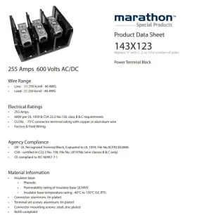 1432123 Marathon Special Products Power Terminal Block 225a 600v Ac/dc 2 Poles